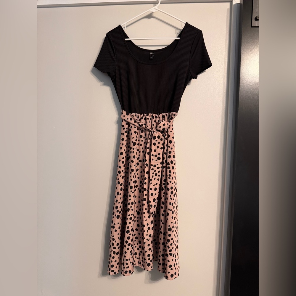 SHEIN Black Top with Blush Pink Polka Dot Midi Skirt